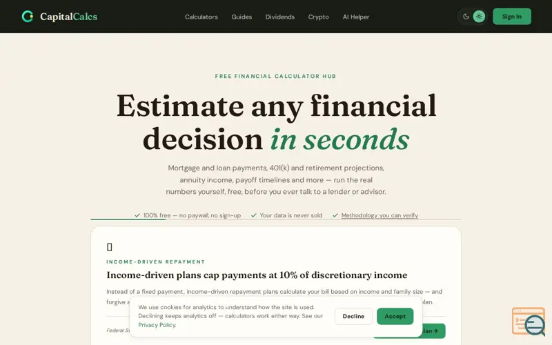 Screenshot of CapitalCalcs
