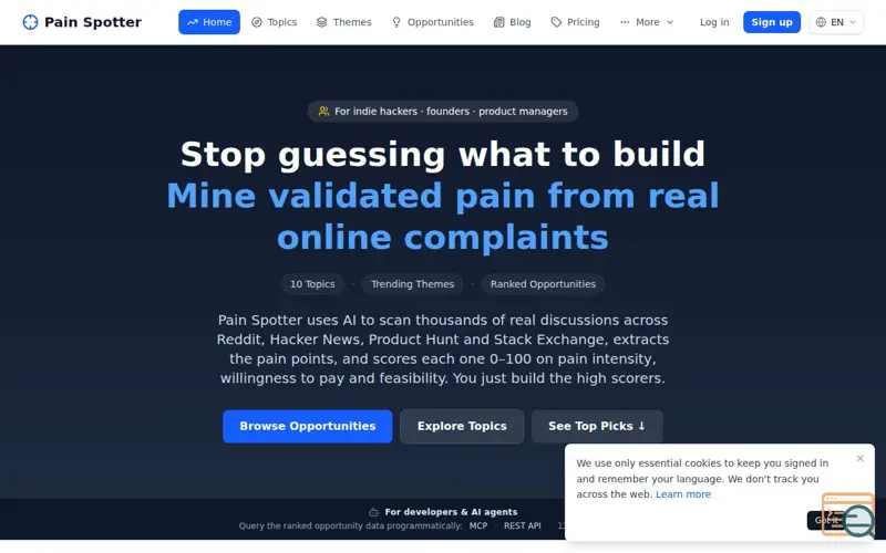 Screenshot of Pain Spotter - Discover Business Opportunities Across the Web