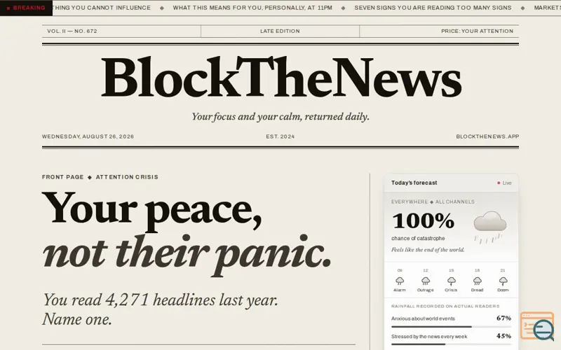 Screenshot of BlockTheNews — Stay informed without living in the news