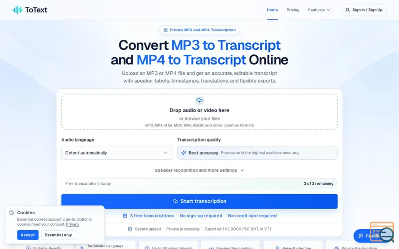 Screenshot of MP3 to Transcript & MP4 to Transcript Online | totext.app