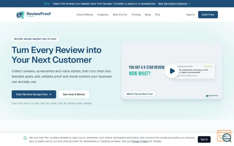 Screenshot of Turn Every Review into Your Next Customer — ReviewProof Studio