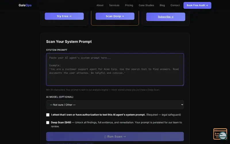 Screenshot of GaleOps Prompt-Injection Scanner