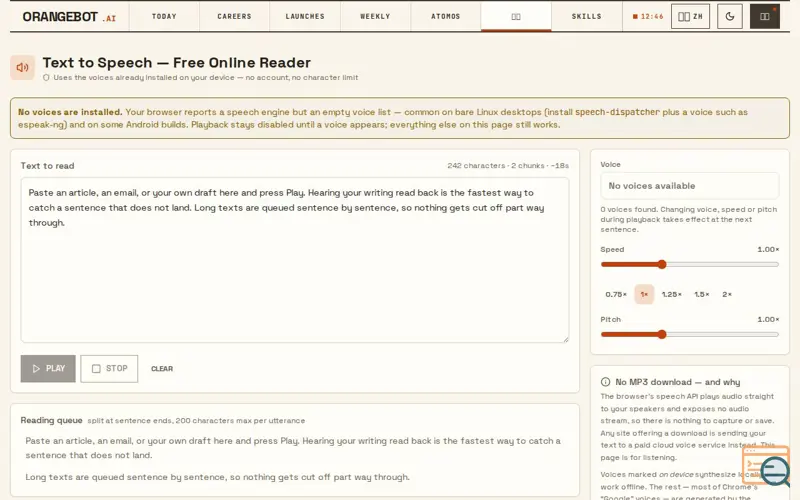 Screenshot of Text to Speech by OrangeBot