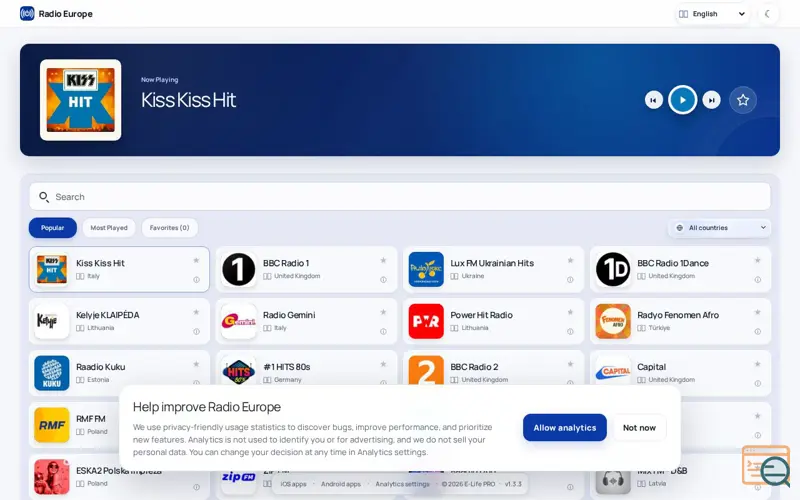 Screenshot of Radio Europe — Radio from across Europe