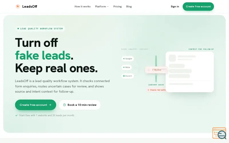 Screenshot of LeadsOff, a launch using Hostinger Email