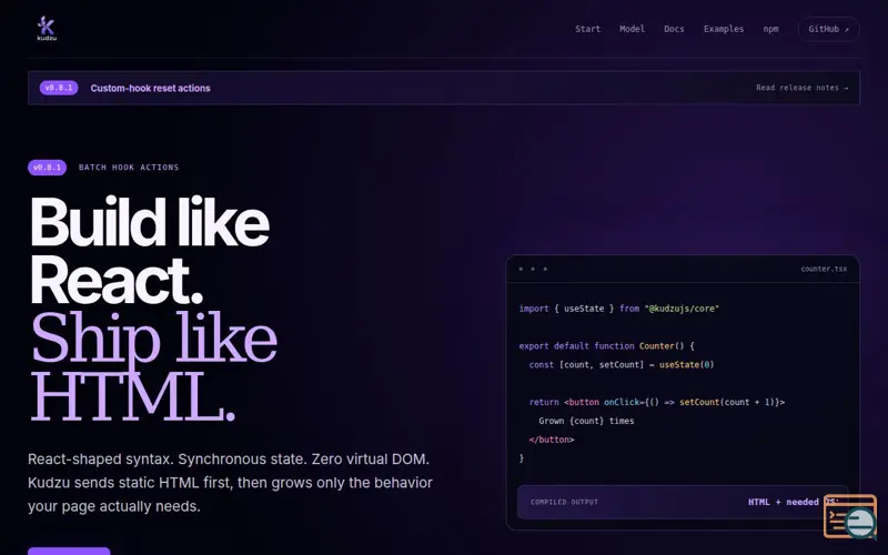 Screenshot of Kudzu — HTML-first TSX framework