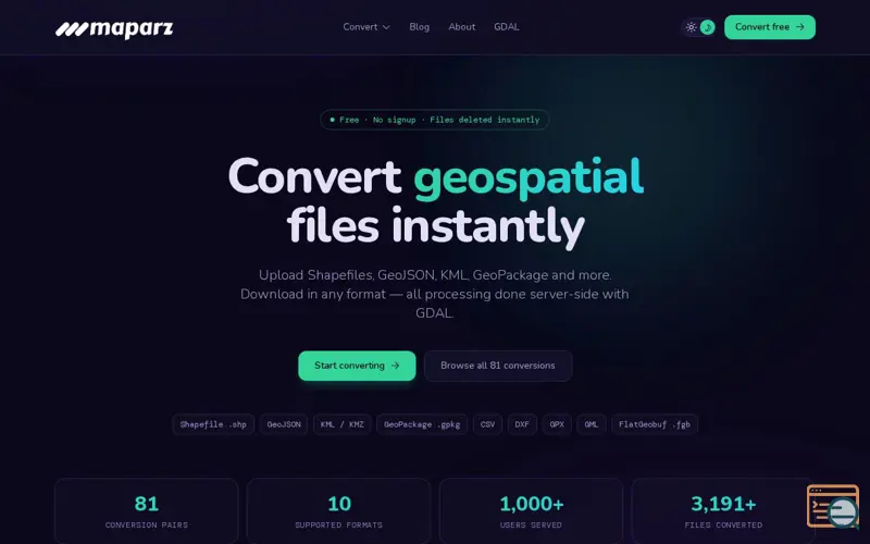 Screenshot of Maparz Online Geospatial File Converter, a launch using LineIcons