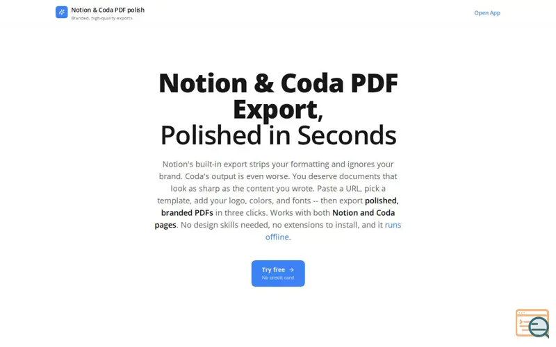 Screenshot of NotionCodaPDF, a launch using FreeDNS.si