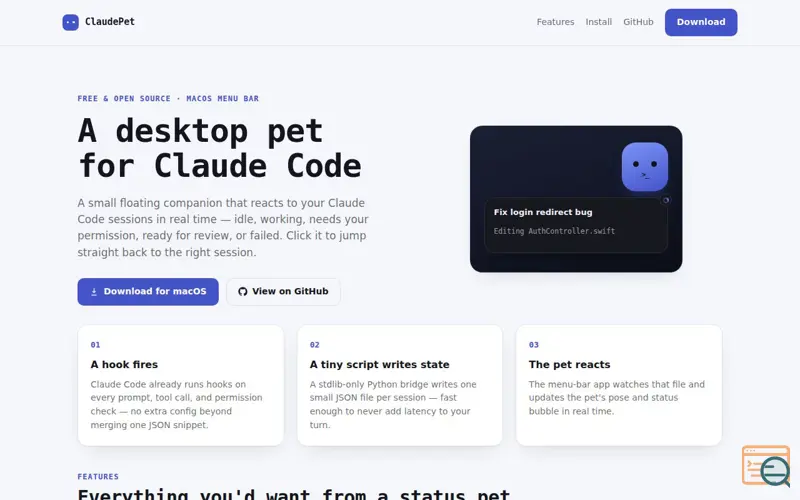 Screenshot of ClaudePet — a pet for Claude Code