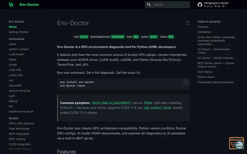 Screenshot of env-doctor, a launch using Asciinema