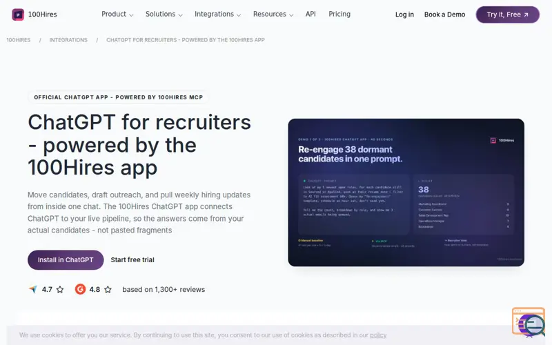 Screenshot of 100hires - 1st ChatGPT ATS app + MCP