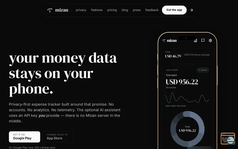 Screenshot of Mizan — private expense tracking