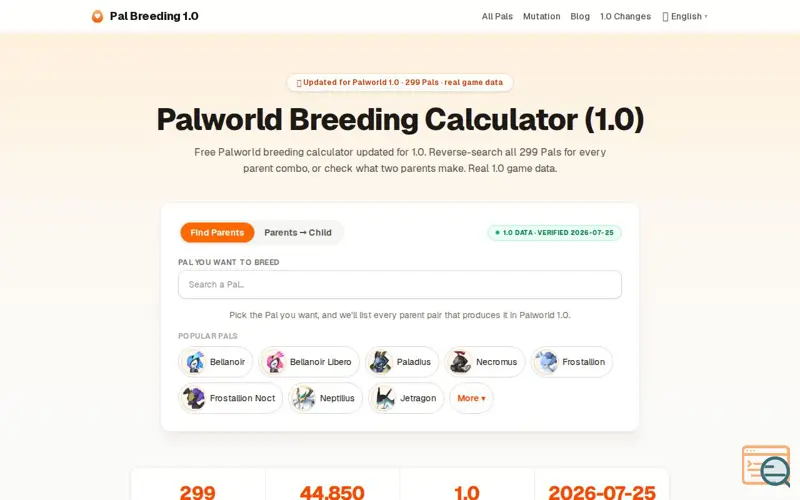 Screenshot of Palworld Breeding Calculator 1.0 — All 299 Pals & Combos
