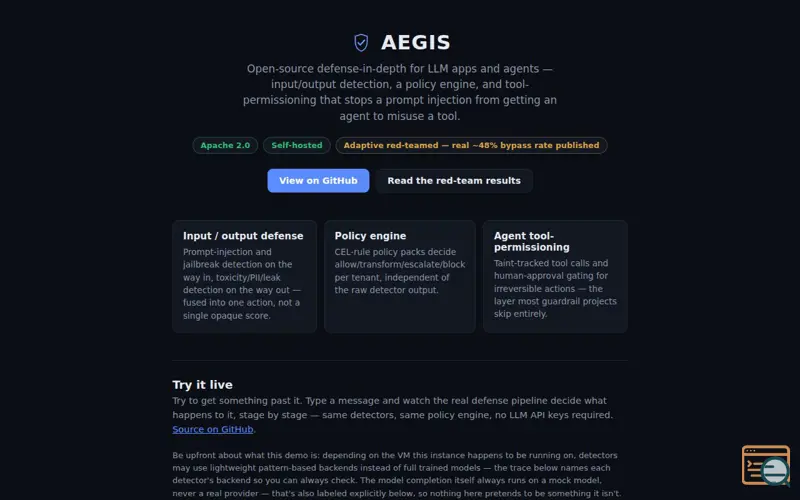 Screenshot of AEGIS — open-source defense-in-depth for LLM agents