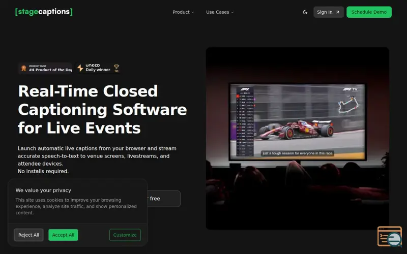 Screenshot of Stage Captions, a launch using c15t Consent