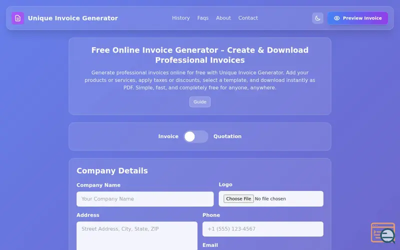 Screenshot of Unique Invoice Generator