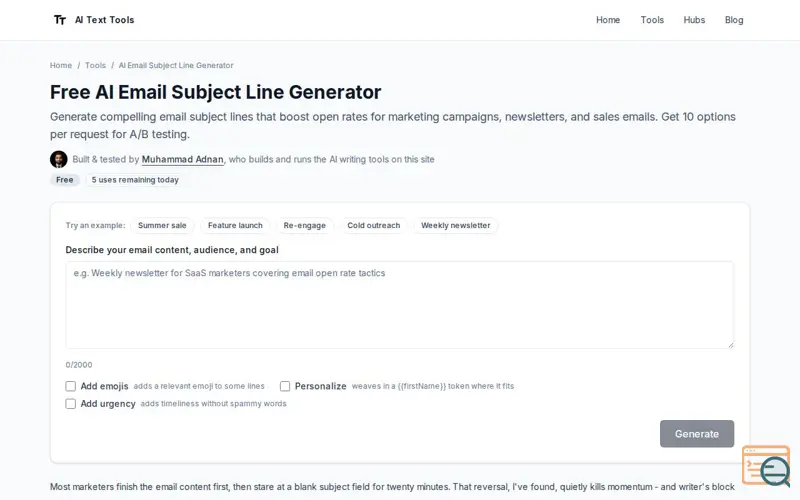 Screenshot of Free AI Email Subject Line Generator