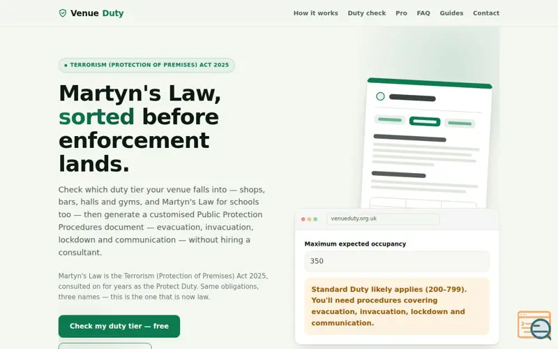 Screenshot of VenueDuty — Martyn's Law compliance kit for UK venues