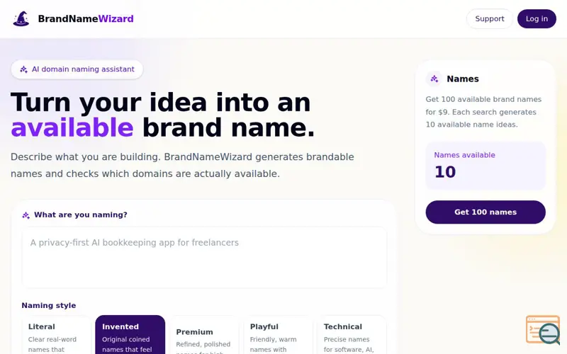 Screenshot of BrandNameWizard, a launch using SimpleLogin