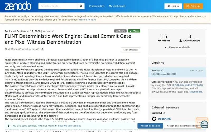 Screenshot of FLINT Deterministic Work Engine, a launch using OpenAIRE
