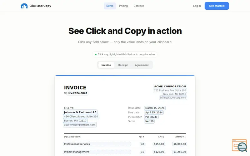 Screenshot of Click and Copy, a launch using Darmis AI