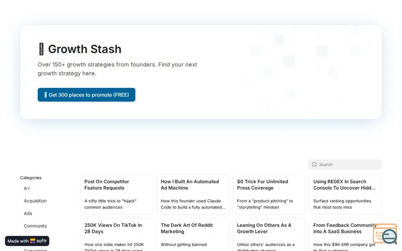 Screenshot of GrowthStash, a launch using Porkbun Email Forwarding