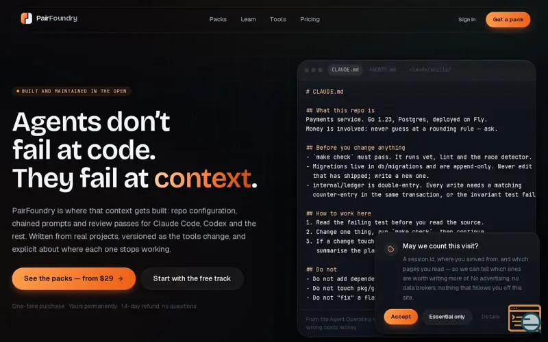 Screenshot of PairFoundry — The craft of building with AI coding agents., a launch using WeLikeTools