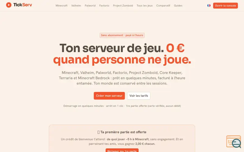 Screenshot of TickServ — votre serveur de jeu, à l'heure