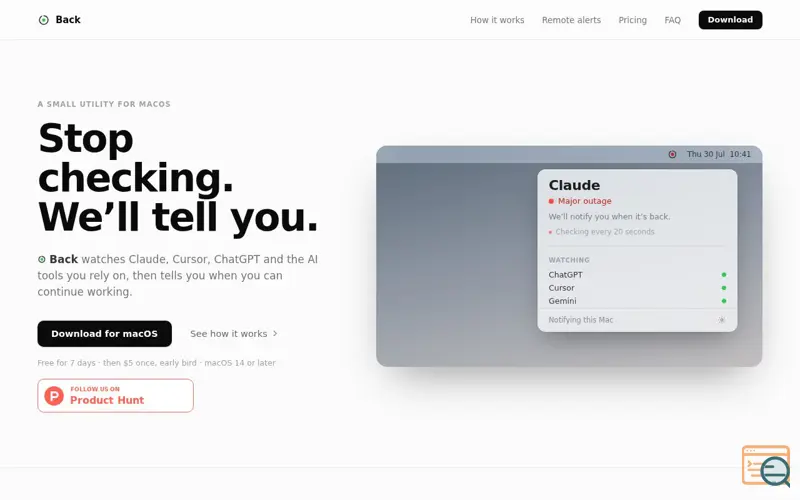 Screenshot of Back — Is Claude down? AI status monitor for macOS