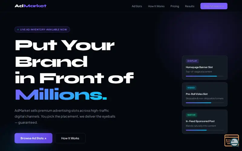 Screenshot of AdMarket — Buy premium ads in budget 