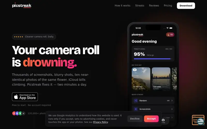 Screenshot of Picstreak — Swipe daily. Keep what matters.