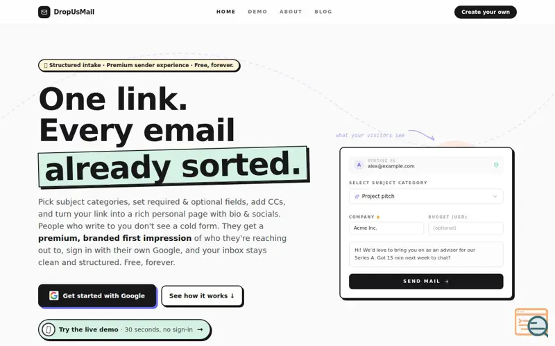 Screenshot of DropUsMail – One link, direct to Gmail 