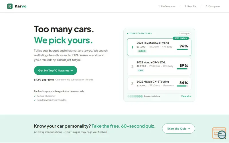 Screenshot of Karvo — Too many cars. We pick yours.