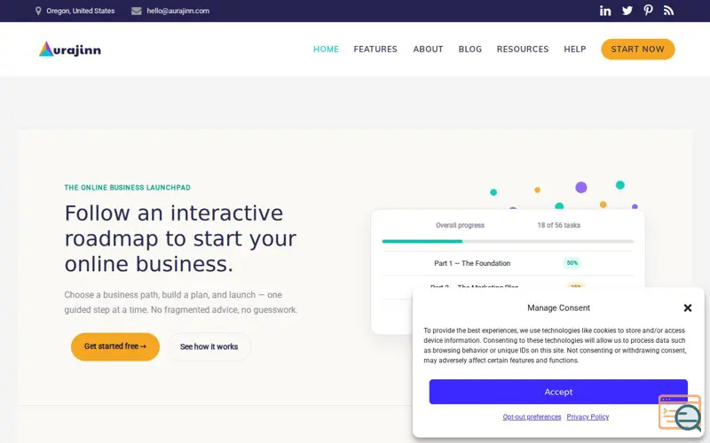 Screenshot of Aurajinn Online Business Launchpad
