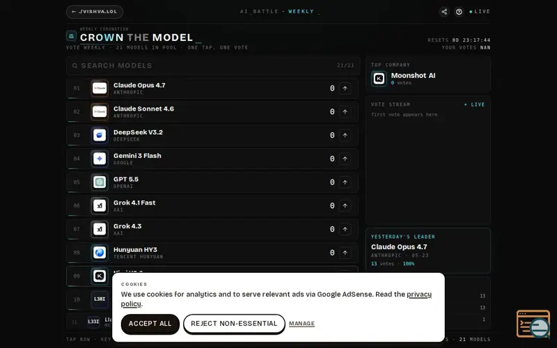 Screenshot of AI Battle Weekly Model Voting Game