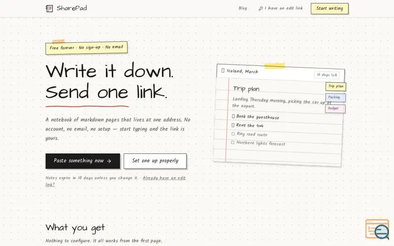 Screenshot of SharePad — Share notes with one link, no signup