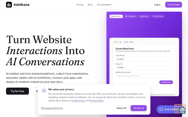 Screenshot of Inletbase | Form Backend & AI Chatbot for Any Website