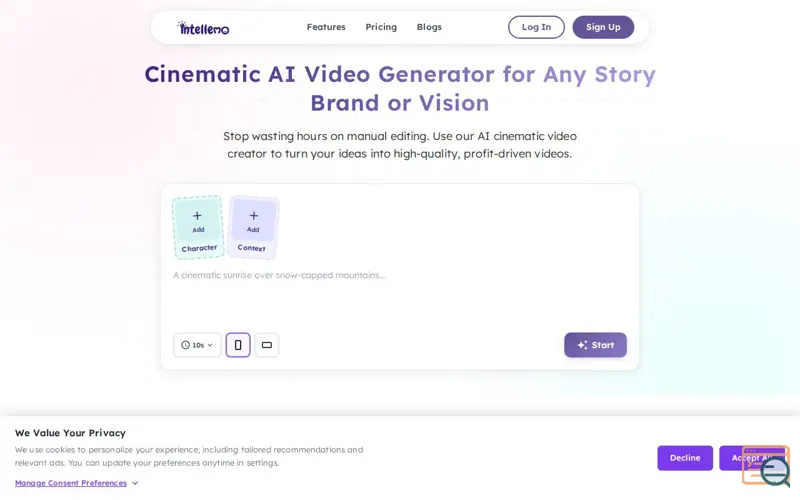 Screenshot of Intellemo – Cinematic AI Videos