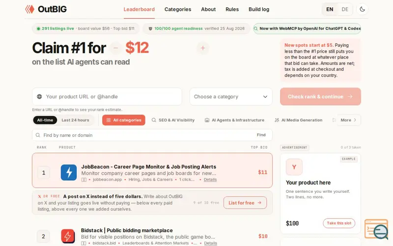 Screenshot of OutBIG — Public Bidboard