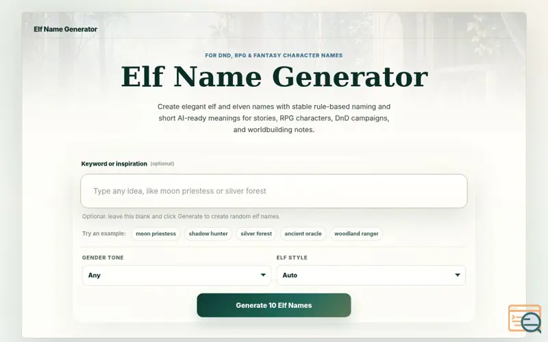 Screenshot of Elf Name Generator