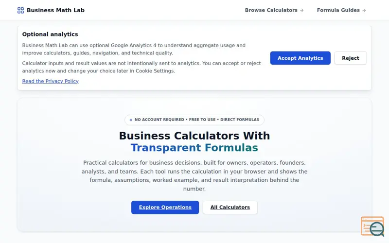 Screenshot of Business Calculators With Transparent Formulas | Business Math Lab