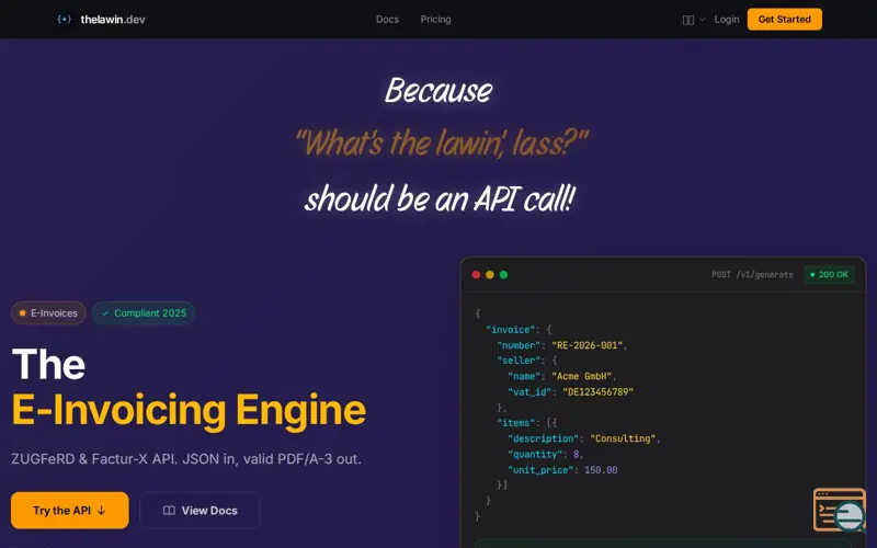 Screenshot of thelawin.dev E-Invoicing API