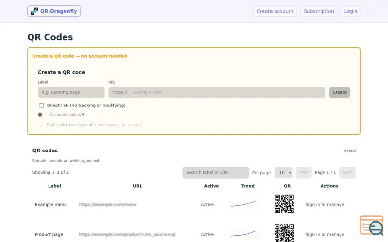 Screenshot of QR-Dragonfly