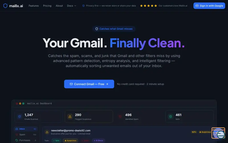 Screenshot of Mailix AI, a launch using MailSpamProtection
