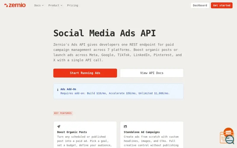Screenshot of Zernio Ads API, a launch using CompAI