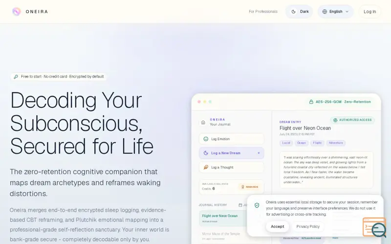 Screenshot of Oneira - encrypted dream journal and cognitive reflection