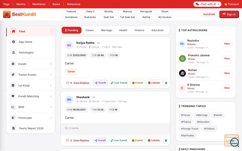 Screenshot of BestKundli - Community for Astrology, a launch using Cashfree