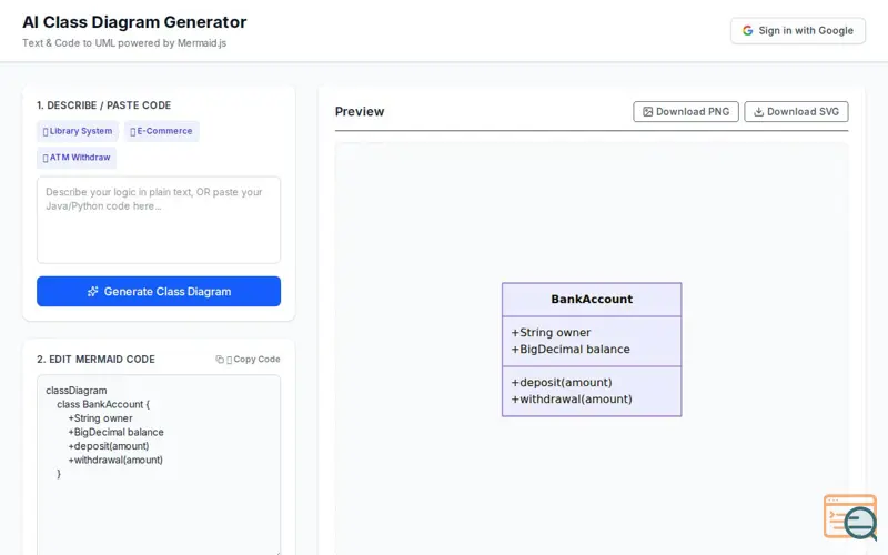 Screenshot of class diagram ai generator