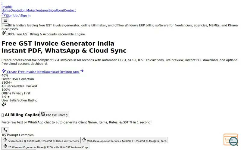 Screenshot of Free GST Invoice Generator India | InvoBill