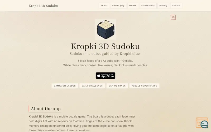 Screenshot of Kropki 3D Sudoku